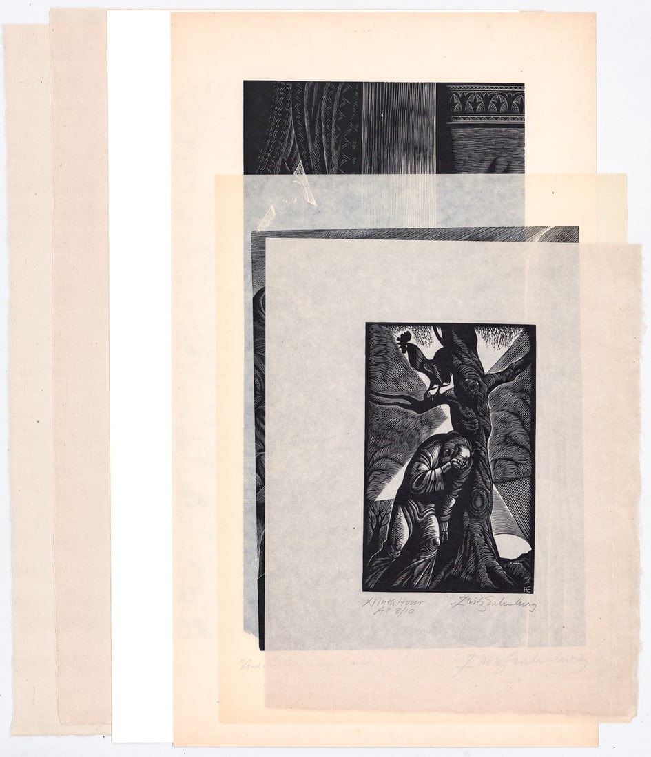 Fritz Eichenberg (6) SIGNED Wood Engravings: Six (6) Fritz Eichenberg (German/American, 1901-1990) pencil signed wood engravings. Includes: Ninth Hour AP; The Light; And His Strength Went from Him; The Book of Job; Joshua; The Shepherdess. Sheet
