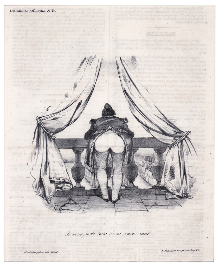 Antique Lithograph [Le Charivari Magazine]: Artist unidentified. Initialed A. C. in stone lower left. Je vous porter tous dans mon coeur. Caricatura Poliquea, No. 51 from Le Charivari Illustrated Magazine published in Paris, France, from 1832 -