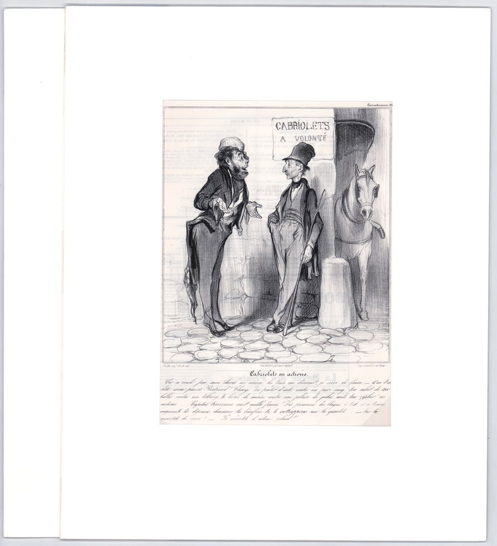 Honore Daumier (2) Lithographs [Le Charivari]: Two (2) antique Honore Daumier (French, 1808-1879) lithographs from Le Charivari Illustrated Magazine published in Paris, France, from 1832 -1937. Includes: 1) Chaud! Chaud! Bertrand Faut Pausser a La