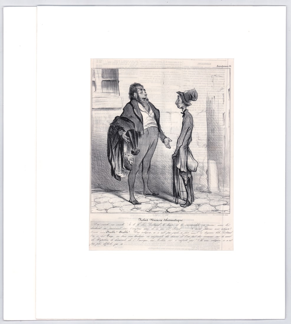 Honore Daumier (2) Lithographs [Le Charivari]: Two (2) antique Honore Daumier (French, 1808-1879) lithographs from Le Charivari Illustrated Magazine published in Paris, France, from 1832 -1937. Includes: 1) Bureau De Replacemens Militaires from Ca