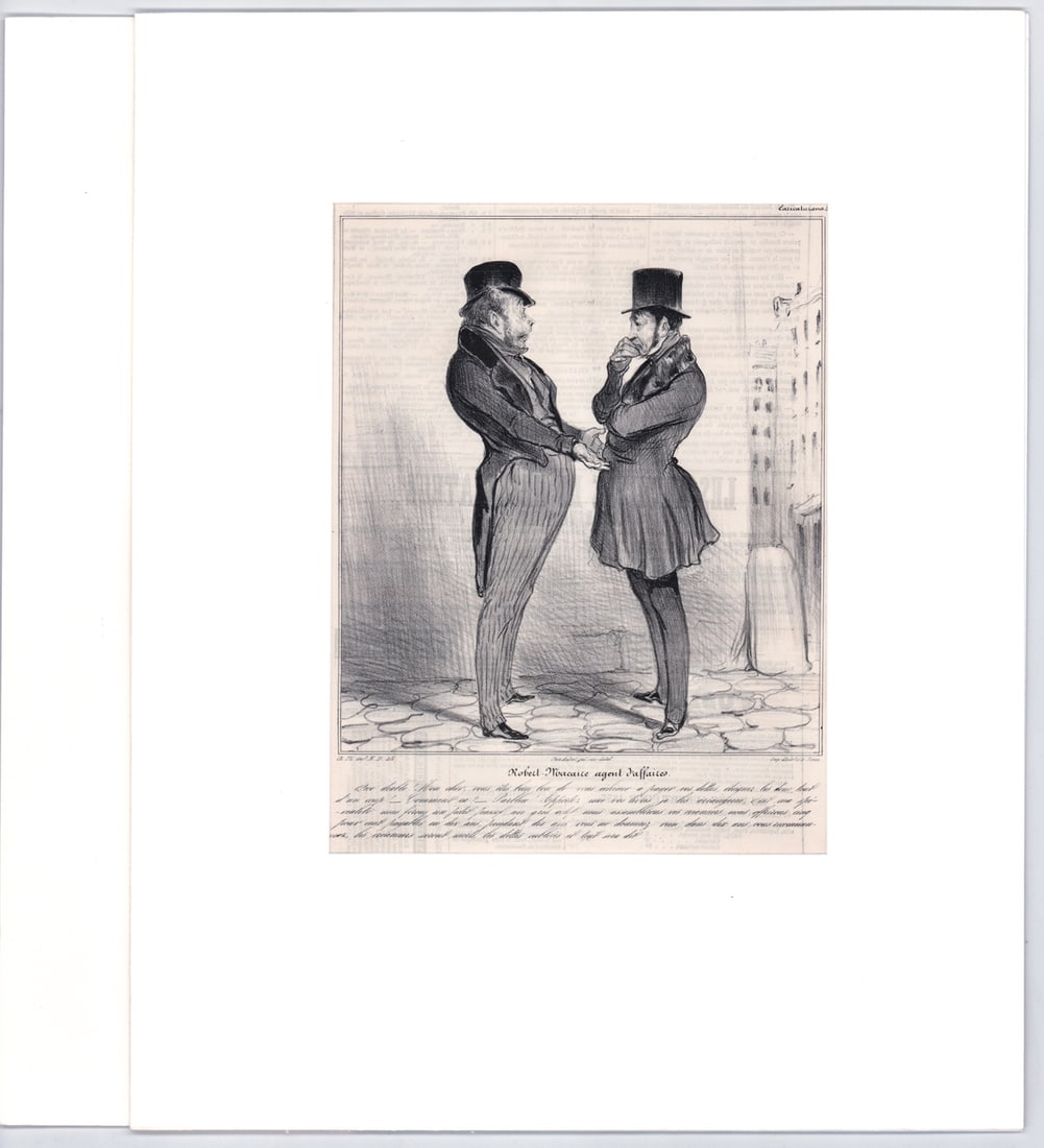 Honore Daumier (2) Lithographs [Le Charivari]: Two (2) antique Honore Daumier (French, 1808-1879) lithographs from Le Charivari Illustrated Magazine published in Paris, France, from 1832 -1937. Includes: 1) Robert Macaire Agent D'Affaires from Car