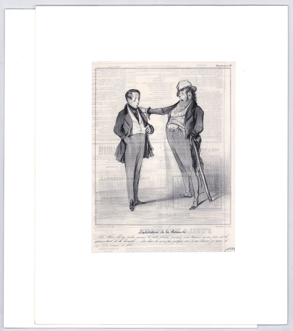 Honore Daumier (2) Lithographs [Le Charivari]: Two (2) antique Honore Daumier (French, 1808-1879) lithographs from Le Charivari Illustrated Magazine published in Paris, France, from 1832 -1937. Includes: 1) Robert Macaire Mendiant Distingue from C