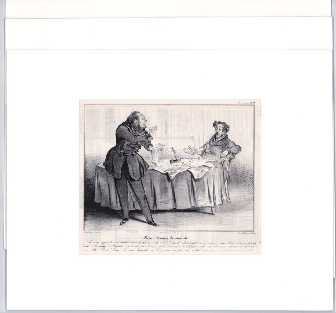 Honore Daumier (3) Lithographs [Le Charivari]: Three (3) antique Honore Daumier (French, 1808-1879) lithographs from Le Charivari Illustrated Magazine published in Paris, France, from 1832 -1937. Includes: 1) Robert Macaire Renait De Ses Condres f