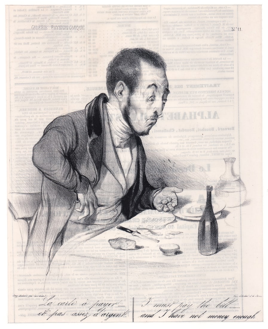 Honore Daumier 'Le Carte A Payer' Lithograph: Honore Daumier (French, 1808-1879) lithograph from Le Charivari Illustrated Magazine published in Paris, France, from 1832 -1937. Titled 'La carte a payer - et pas assez d'argent' Galerie Physionomiqu