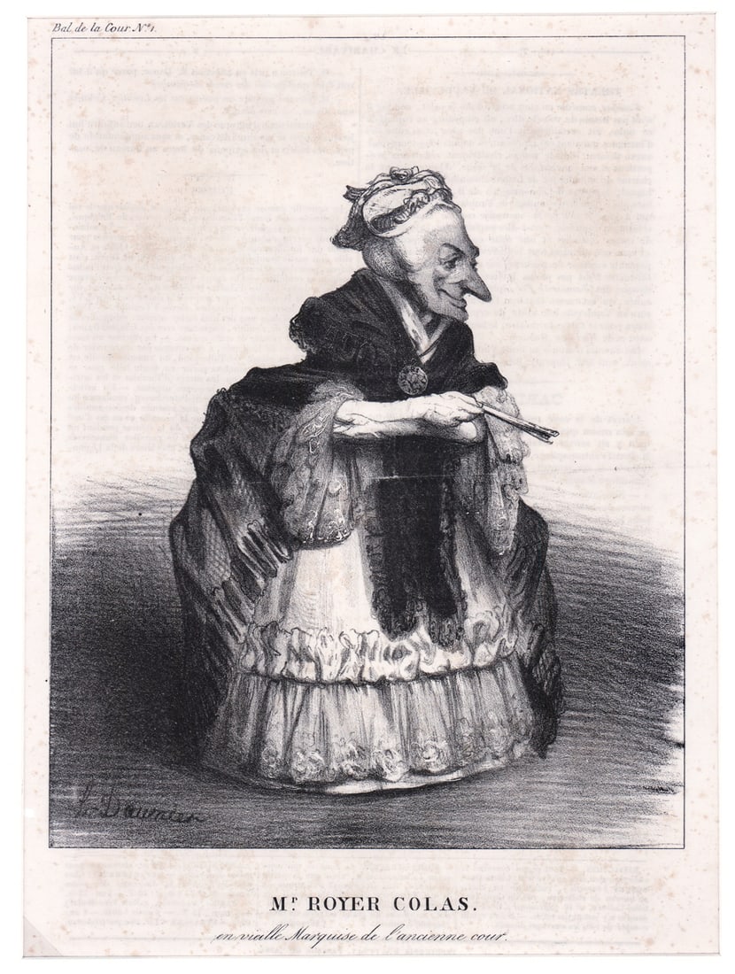 Honore Daumier 'Mr. Royer Colas' Lithograph: Honore Daumier (French, 1808-1879) lithograph from Le Charivari Illustrated Magazine published in Paris, France, from 1832 -1937. Titled 'Royer Colas' en Vieille Marquisse de l'Ancienne Cour. Sheet me