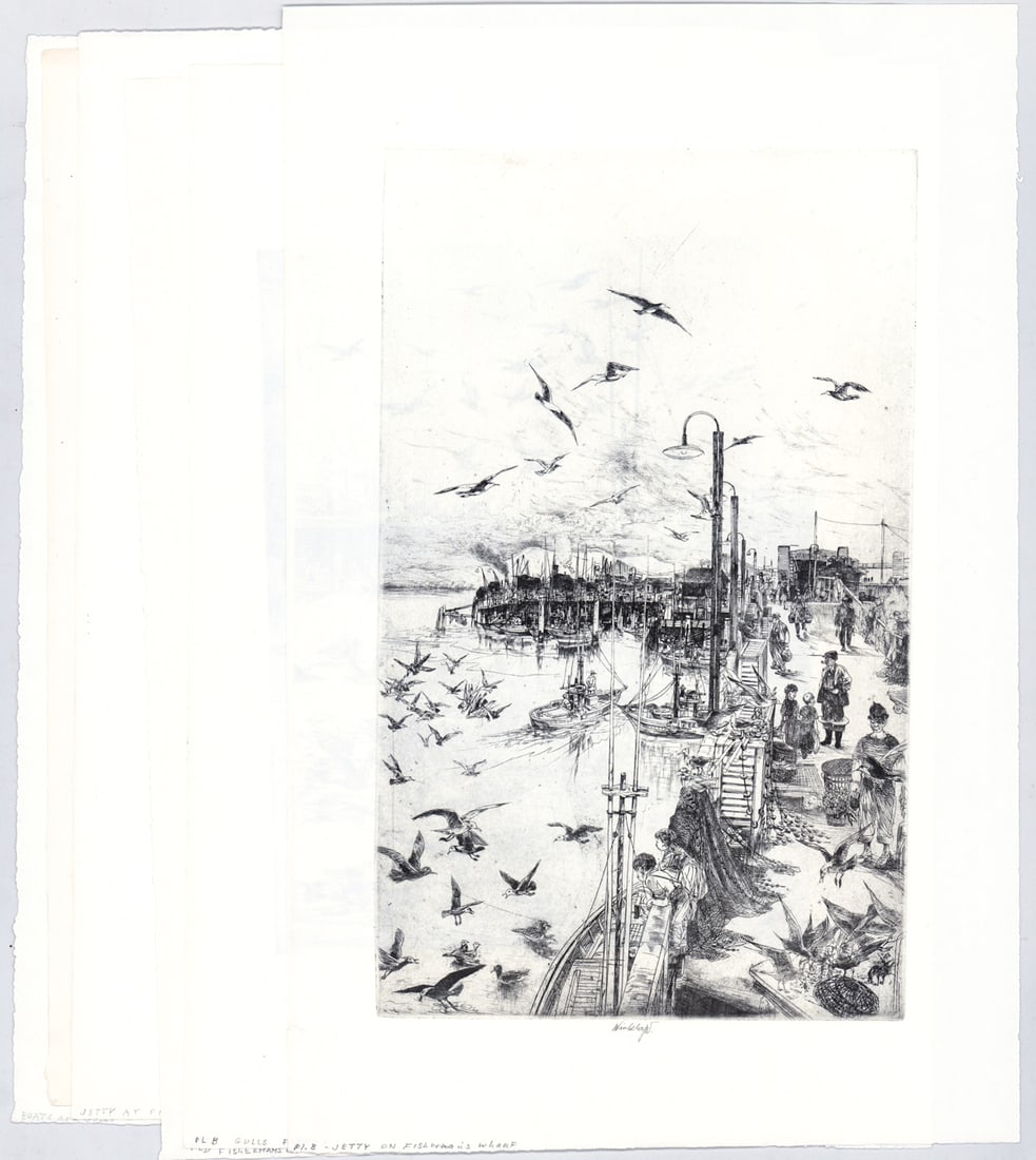 John Winkler (6) Large Etchings SIGNED [SF Wharf]: Six (6) John W. Winkler (1894-1979) pencil signed etchings depicting San Francisco Bay Area 'Fisherman's Wharf' and the bay. 19 to 20 in. x 12.5 to 13 in. Unframed, loose, not glued down or mounted. P