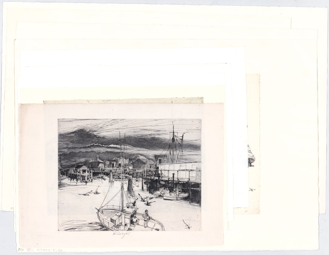 John Winkler ( 9) Etchings SIGNED [SF Vendors]: Nine (9) John W. Winkler (1894-1979) pencil signed etchings depicting San Francisco Bay Area horse drawn wagon vendors; fishing boats. Sheets measure 9 to 13 in. x 12.75 to 20.5 in. Unframed, loose, n