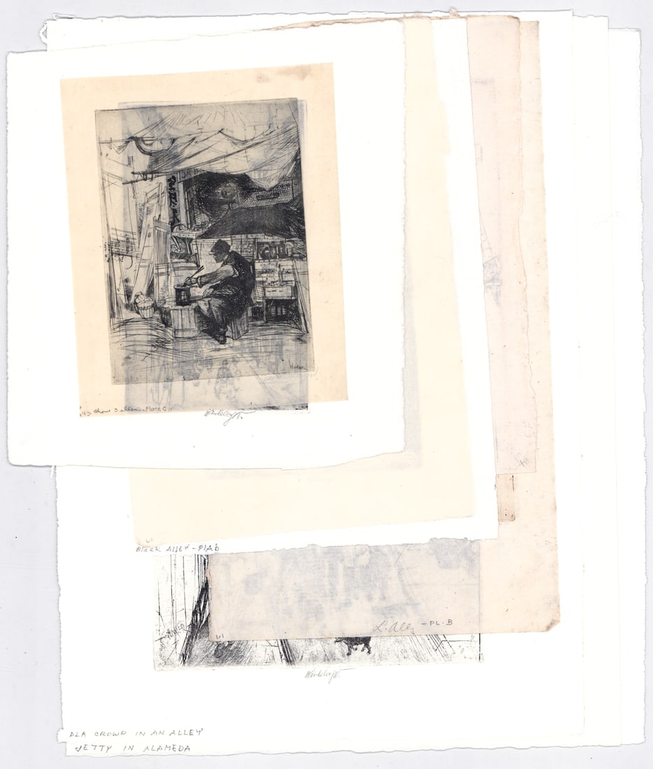John Winkler (9) Etchings SIGNED [SF Streets]: Nine (9) John W. Winkler (1894-1979) pencil signed etchings depicting San Francisco Bay Area street scenes; vendors; Alameda Bay. Sheets measure 6 to 13 in. x 5 to 10 in. Unframed, loose, not glued do