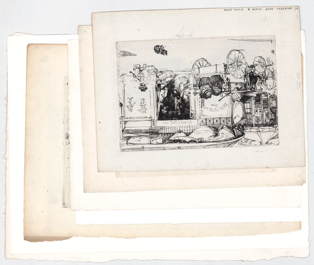 John Winkler (7) Etchings SIGNED [SF Area]: Seven (7) John W. Winkler (1894-1979) pencil signed etchings depicting San Francisco Bay Area street scenes; vendors; harbor. Sheets measure 7 to 10 in. x 9 to 13 in. Unframed, loose, not glued down o