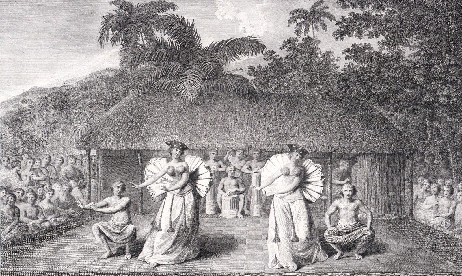 John Webber 'A Dance in Otaheite' Engraving: A Dance to Otaheite (Tahiti) for Voyage to the Pacific Ocean ...1776-1780 recording the third voyage of Captain Cook.. Engraving published in 1784. Drawing by John Webber (1758-1793). Engraving by J. 