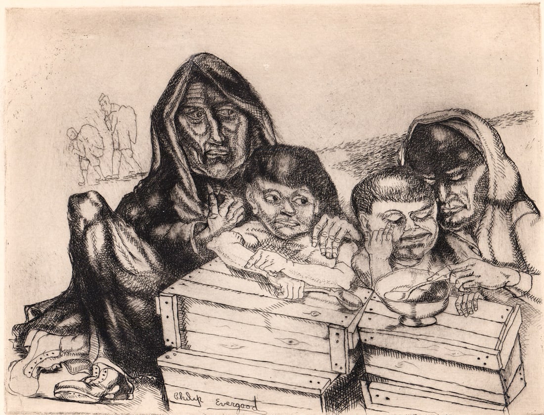 Philip Evergood 'Aftermath' Drypoint SIGNED: Philip Evergood (American, 1901-1989) pencil signed and titled 'Aftermath' lower edge. Plate measures 6.875 x 9 in. Sheet measures 12 x 14 in. Unframed, loose, not glued down or mounted. Print lot mea