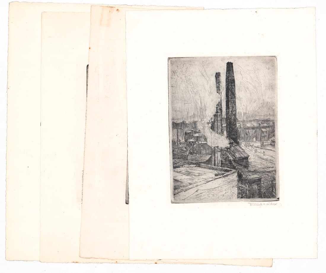 Frank Wilcox (4) SIGNED Etchings: Frank Wilcox (American, 1887-1964) pencil signed etchings. Includes: Cathedral from a Distance 5x7 Proof; Old Buildings 5x7; Casting Off 5x7; Stacks 5x7. Sheets measure approximately 12.75 x 9.75 in. 