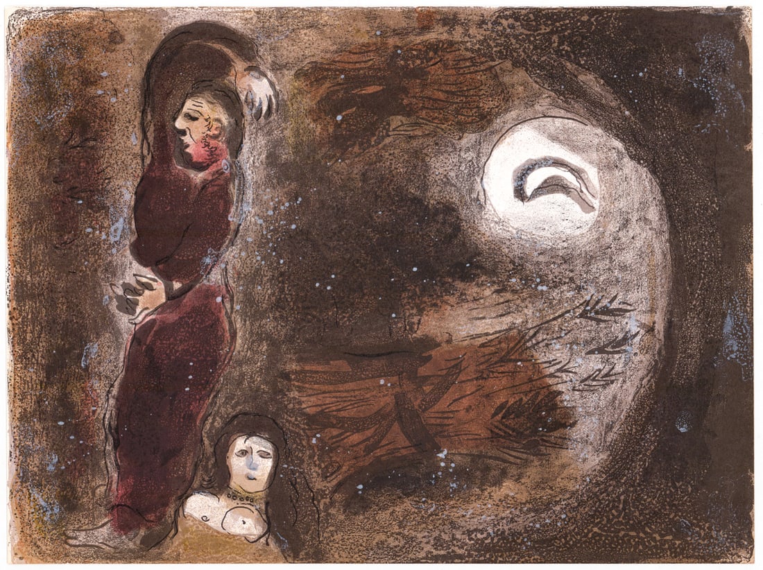 Marc Chagall Color Litho 1960 [Dessins Bible]: Marc Chagall (Russian / French, 1887-1985) Ruth aux Pleds de Boaz from Dessins Pour La Bible color lithograph. 1960. Verve double issue nos. 37-38. American Edition. Measures 13.875 in. x 10.375 in. U