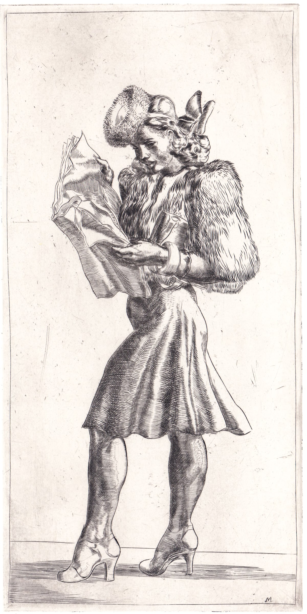 Reginald Marsh 'Girl Reading Tabloid' #17 WM: Reginald Marsh (American, 1898-1954) engraving 'Girl in Fur Jacket Reading Tabloid' 1969 pencil numbered 17/100 lower left and blindstamped WM (Whitney Museum) lower right. Sasowsky 205. Plate measure