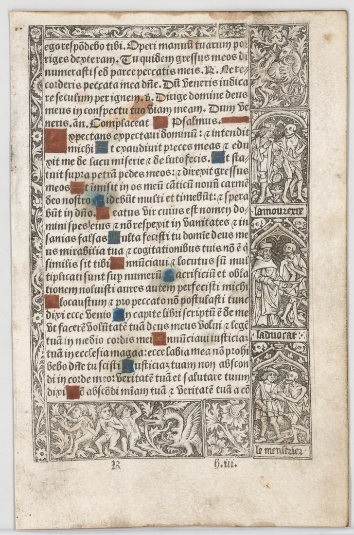 Book of Hours Leaf [Jehan Poitevin]: Jehan Poitevin (French) Early printing illuminated with metal cuts on vellum. 1501 publication. Printed in Paris. Leaf measures 7.625 x 4.875 in. Unframed, loose, not glued down or mounted. Print lot 
