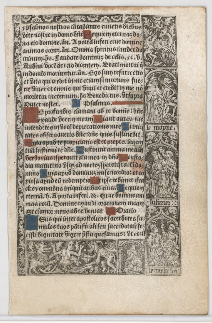Book of Hours Leaf [Jehan Poitevin]: Jehan Poitevin (French) Early printing illuminated with metal cuts on vellum. 1501 publication. Printed in Paris. Leaf measures 7.625 x 4.875 in. Unframed, loose, not glued down or mounted. Print lot 
