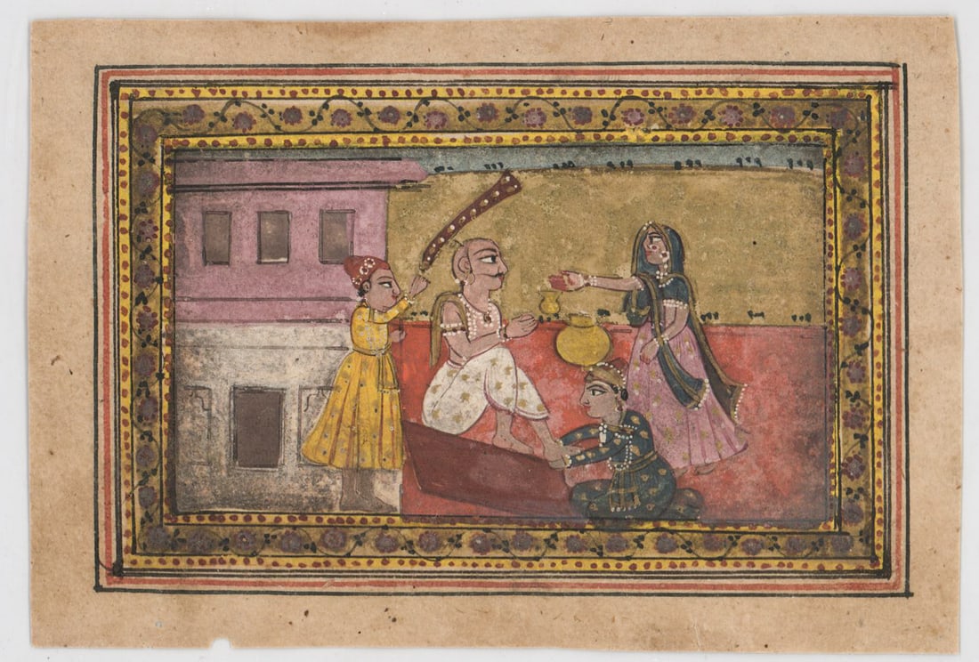 Indian Miniature Painting 19th Century: Indian miniature painting. Gouache on paper, 19th century. Kashmurti origin. Measures 2.625 x 4.125 in. Unframed, loose, not glued down or mounted. Print lot measures 8.25 in. H x 7 in. W x .125 in. D