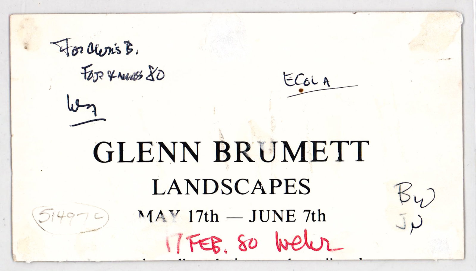 Glenn Brumett 1980 Gallery Card [Landscape]: Glenn Brumett (b. 1946 Washington) small gallery promotional card. Measures 2.625 x 6 in. Unframed, loose, not glued down or mounted. Print lot measures 10.5 in. H x 7 in. W x .125 in. D for shipping 