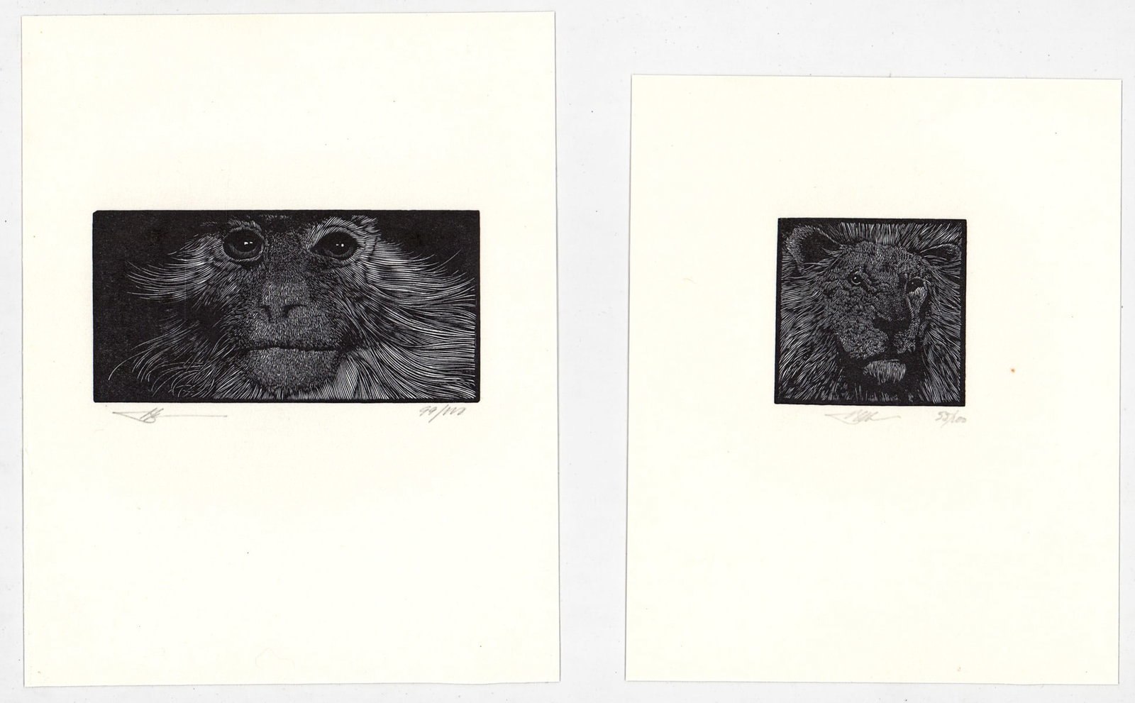 Barry Moser (2) Wood Engravings S/N Lion; Monkey: Two (2) Barry Moser (American, b.1940) pencil signed and numbered wood engravings. Images measure 1.875 x 1.875 in. and 2 x 4 in. Sheets measure 6.125 to 6.75 x 5 to 5.5 in. Unframed, loose, not glued