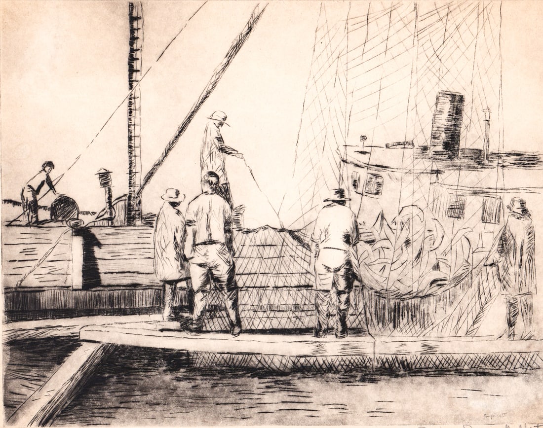 Louise L. Gilbert S/N Drypoint [Unloading Catch]: Louise L. Gilbert (1900-1987 Spokane WA) drypoint etching 'Unloading the Catch' pencil signed and numbered 4/30 lower margin. Sheet measures 8.125 x 10.375 in. Unframed, loose, not glued down or mount