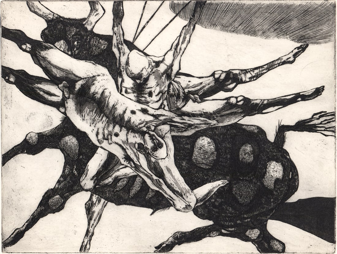 John Fenton Etching SIGNED AP [Minotaur]: John Fenton (American, 1912-1977) etching pencil signed, Artist's Proof titled 'Minotaur' lower margin. Image measures 8.875 x 11.75 in. Sheet measures 13.5 x 20 in. Unframed, loose, not glued down or
