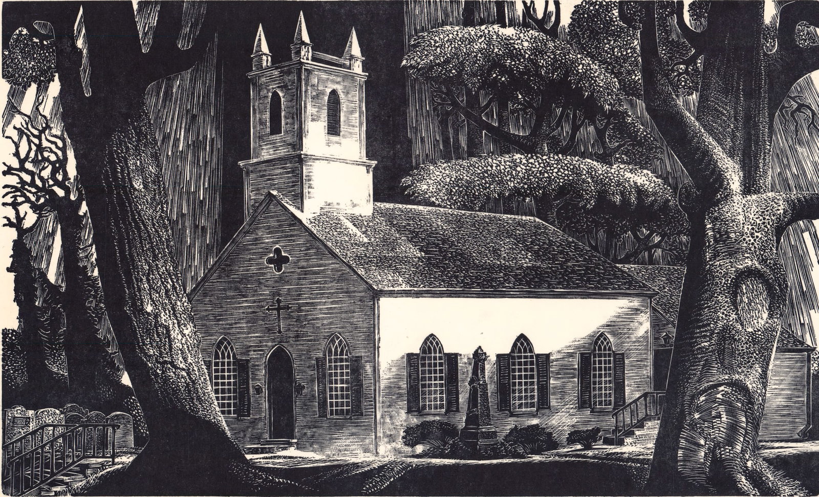 Lynd Ward S/N Wood Engraving [AAA, Christ Church]: Lynd Ward (New Jersey, New York, Illinois, 1905-1985) wood engraving. Pencil signed, numbered 200/250 and titled 'Historic Christ Church at Middletown' lower margin. Image measures 9 x 15 in. Hinge mo