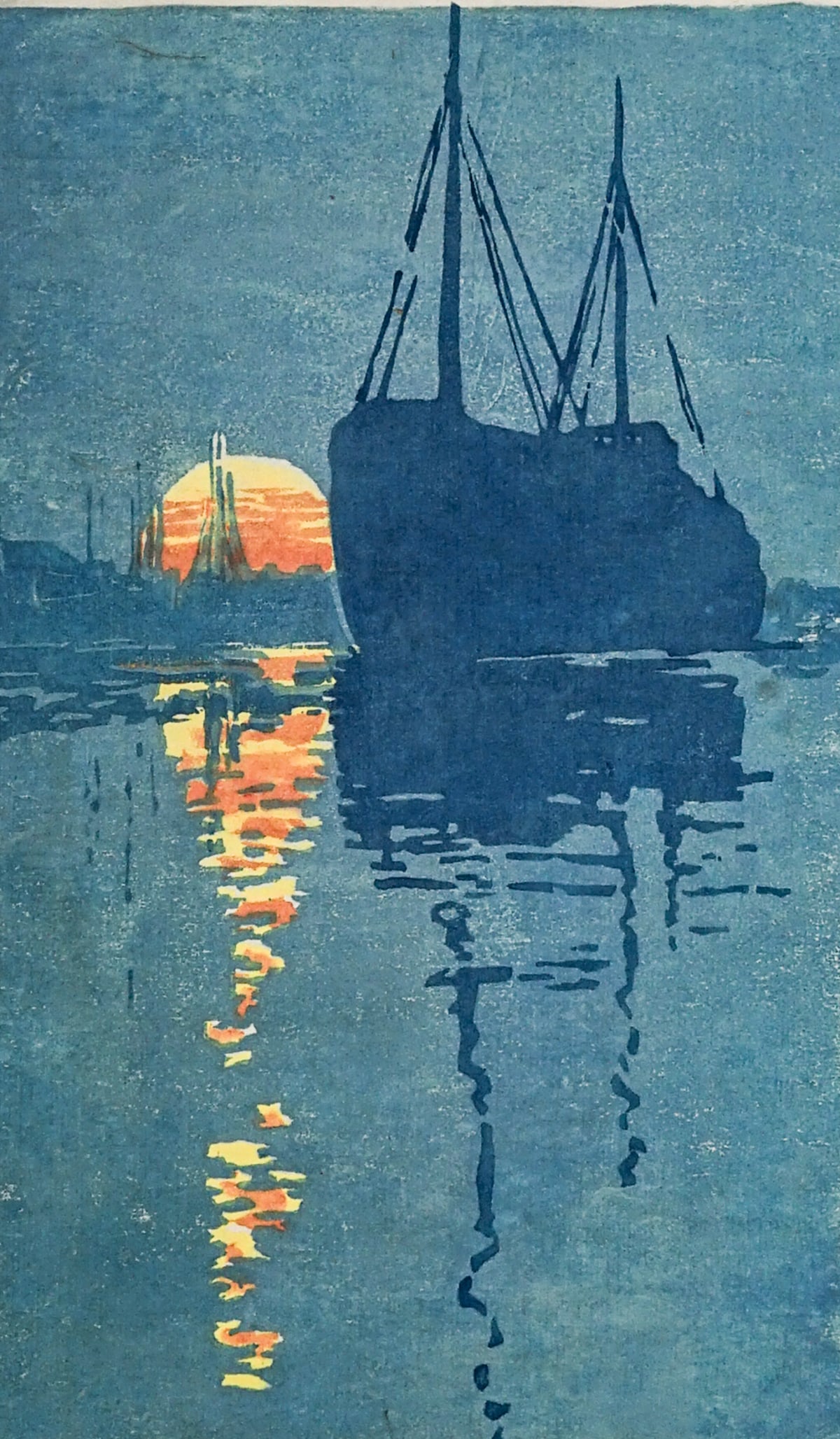 Waldo Chase Original Color Woodblock [Nomad]: Waldo S. Chase (Washington, 1895-1988) original woodblock print in color pencil signed lower left. A harbor scene with silhouetted fishing boat at sunset. mage measures 12 x 7.25 in. and is fully moun
