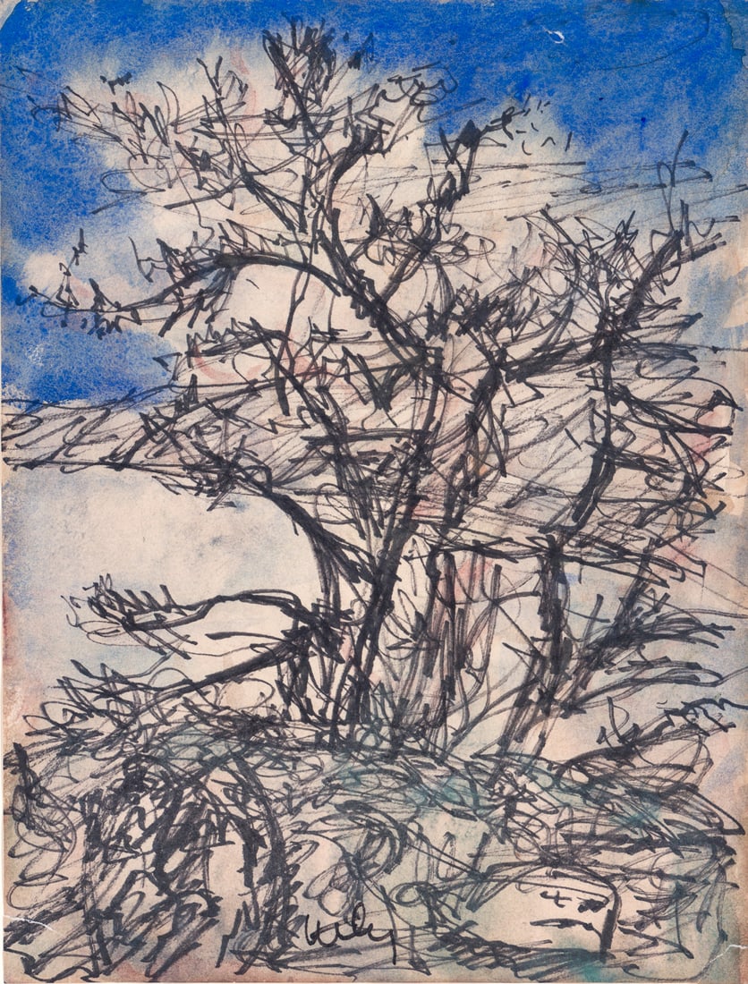 Windsor Utley Watercolor and Ink 'Oak Grove': Windsor Utley (1920-1989, Washington) original watercolor and ink signed. Bottom corners re-attached. Spot glued to mat frame. Image measures 11.75 x 8.875 in. Mat frame measures 16.75 x 13 in. Print 