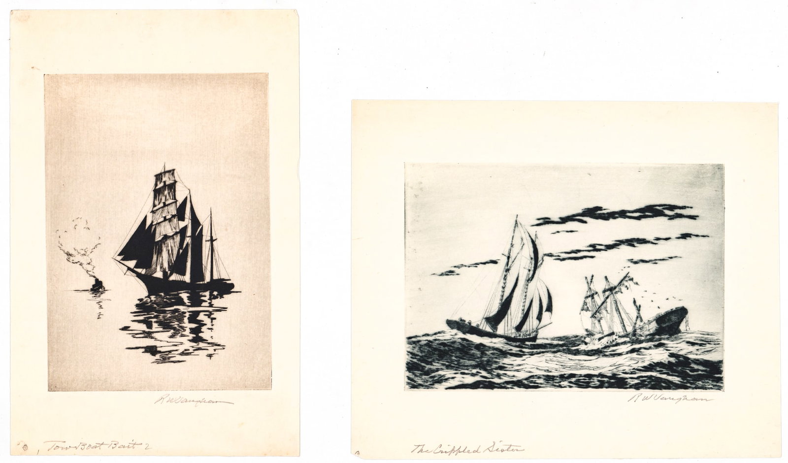 Reginald Wilmer Vaughan (2) SIGNED Drypoint: Two (2) Reginald Wilmer Vaughan (American, 1869-1958) drypoint etchings pencil signed lower right. Titled 1) Tow Boat Bait image measures 7x5 in. 2) The Crippled Sister image measures 5x7 in. Unframed