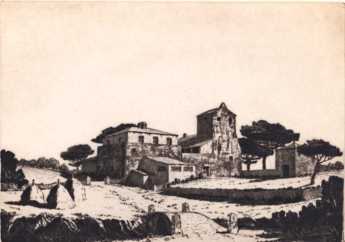 Reginald Wilmer Vaughan SIGNED Drypoint-Farmhouse: Reginald Wilmer Vaughan (American 1869-1958) drypoint etching pencil signed lower right. Titled 'Roman Farmhouse #1'. Image measures 5.875 x 8.25 in. Sheet measures 8.5 x 10.875 in. Unframed, loose,