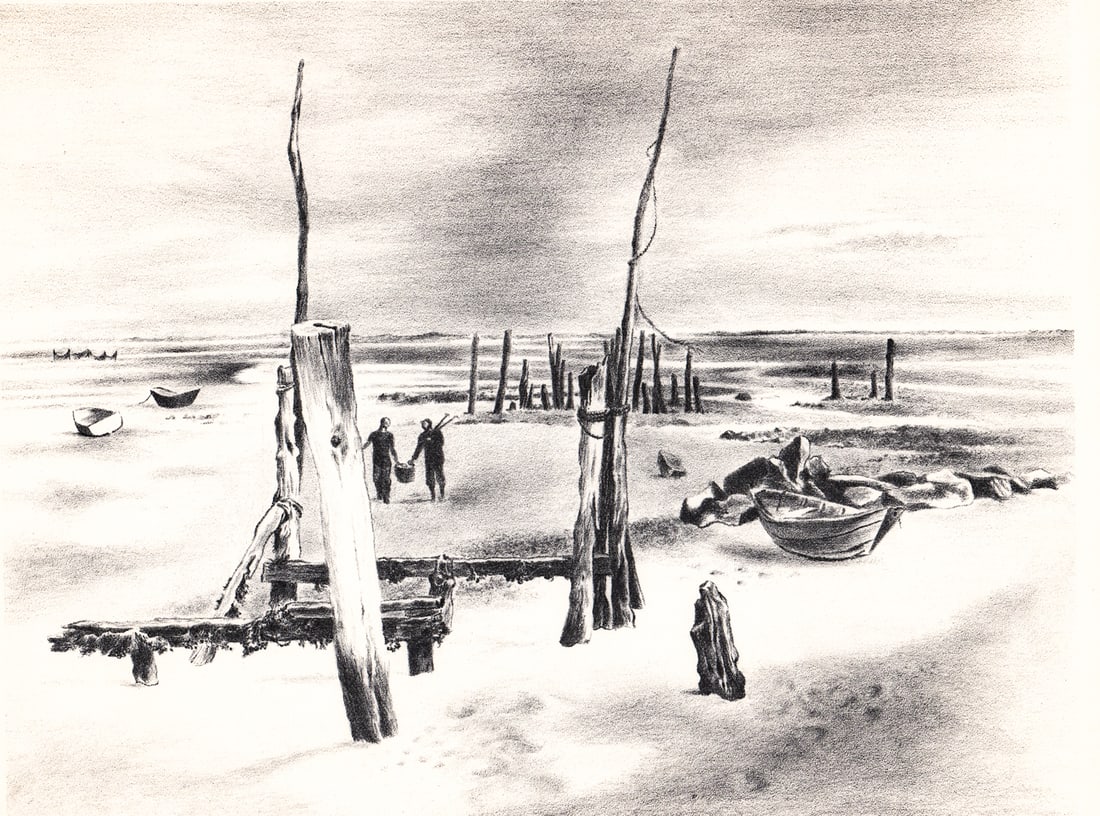 Julian Levi SIGNED Lithograph 'Low Tide': Julian Levi (1900-1982) lithograph pencil signed lower right. Sheet measures 10.25 x 13 in. Unframed, loose, not glued down or mounted. Print lot measures 14 in. H x 11 in. W x .125 in. D for