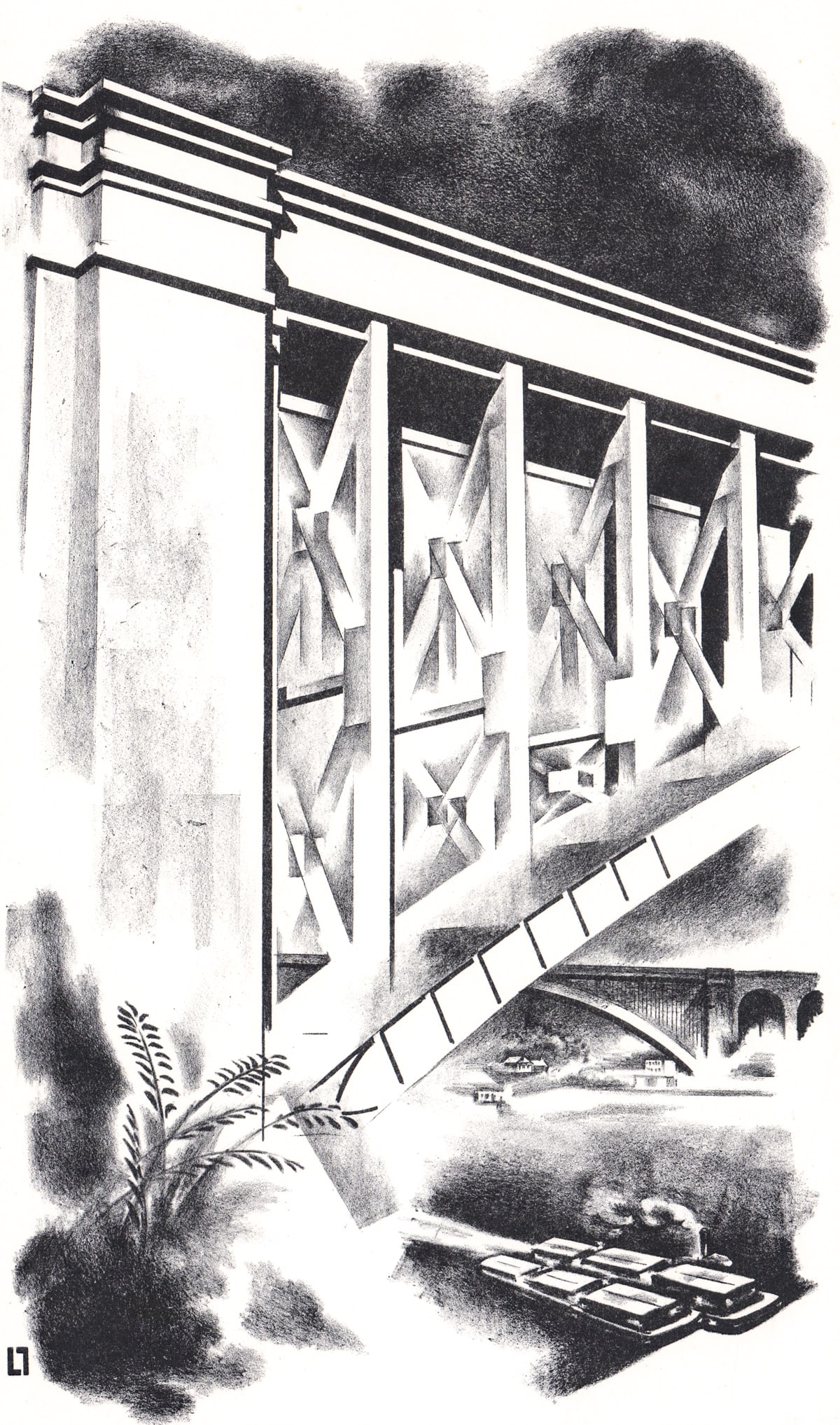 Louis Lozowick SIGNED Litho 'Bridges' 1929: Louis Lozowick (Ukrainian-American 1892-1973) lithograph pencil signed, dated '29 and titled 'Bridges' lower margin. Image measures 13.125 x 7.75 Sheet measures 18.375 x 13.75 in. Unframed, loose,