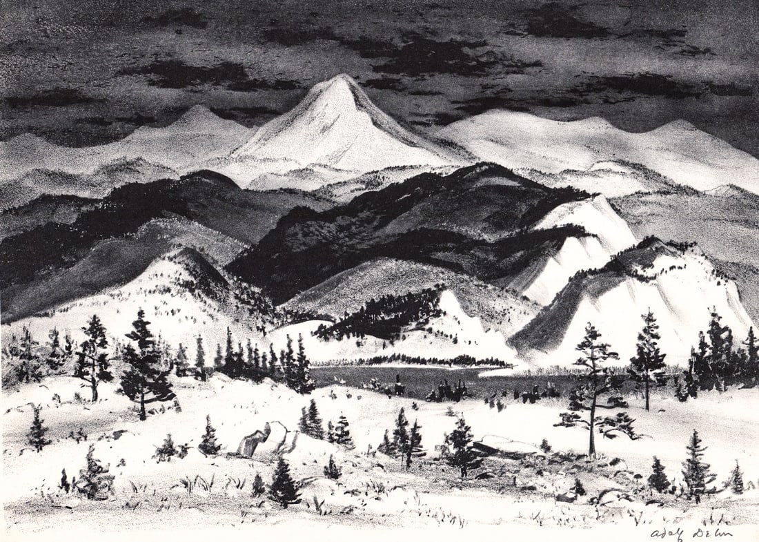 Adolf Dehn SIGNED Litho 'Winter in the Rockies': Adlof Dehn ( American 1895-1968) lithograph pencil signed lower right. Sheet measures 10.375 x 14 in. Unframed, loose, not glued down or mounted. Print lot measures 11 in. H x 15 in. W x .125 in. D