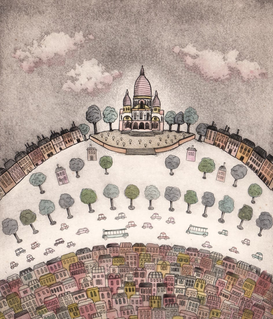 Christine Chagnoux S/N Etching 'Sacre Coeur' AAA: Christine Chagnoux (French 1937-2020) etching pencil signed and numbered 43/120 lower margin. Image measures 9.25 x 8 in. Sheet measures 15 x 13 in. Unframed, loose, not glued down or mounted. Print