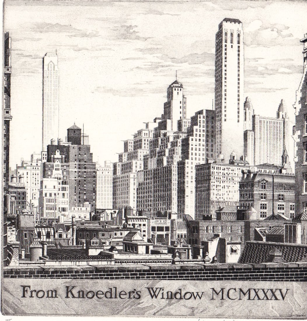 John Taylor Arms SIGNED Etching [Knoedler Window]: John Taylor Arms (American 1887-1953) etching from 'Knoedler's Window MCMXXXV' pencil signed, dated 1936 and numbered IV lower margin. Image measures 5 x 5 in. Sheet measures 12.5 x 9.125 in.