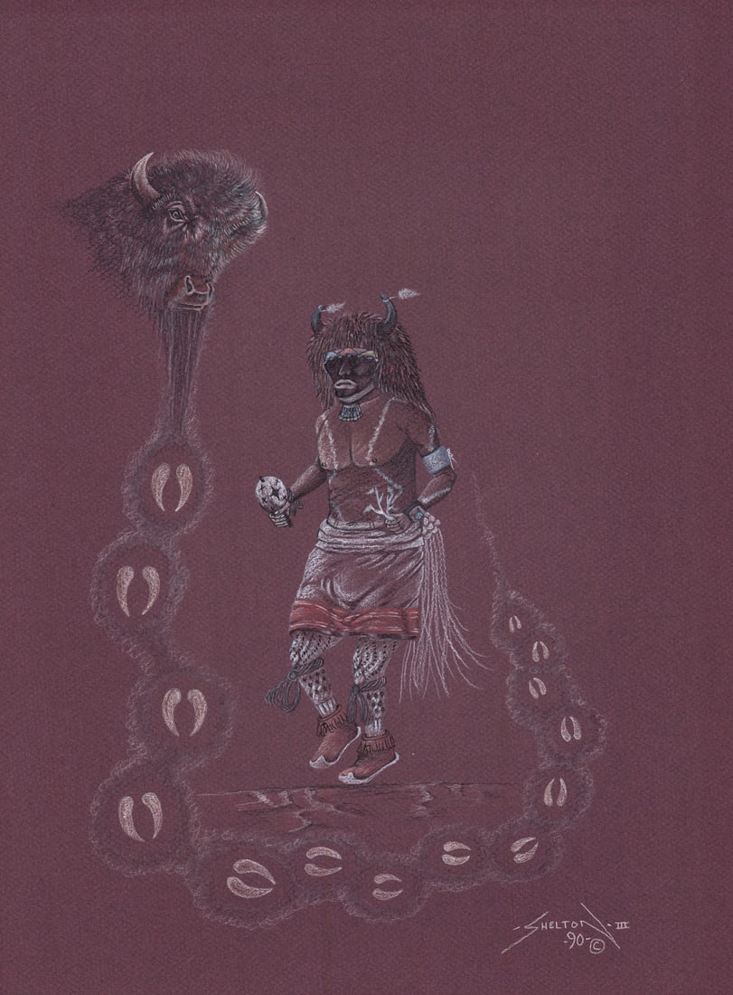 Peter Shelton III Original Pastel '90 Hopi Dancer: Peter H. Shelton, III (Pawayma) is a 20th century Hopi artist known for continuing the traditional painting and drawing style of his father, Peter Shelton Jr. His work, which often features vibrant, d