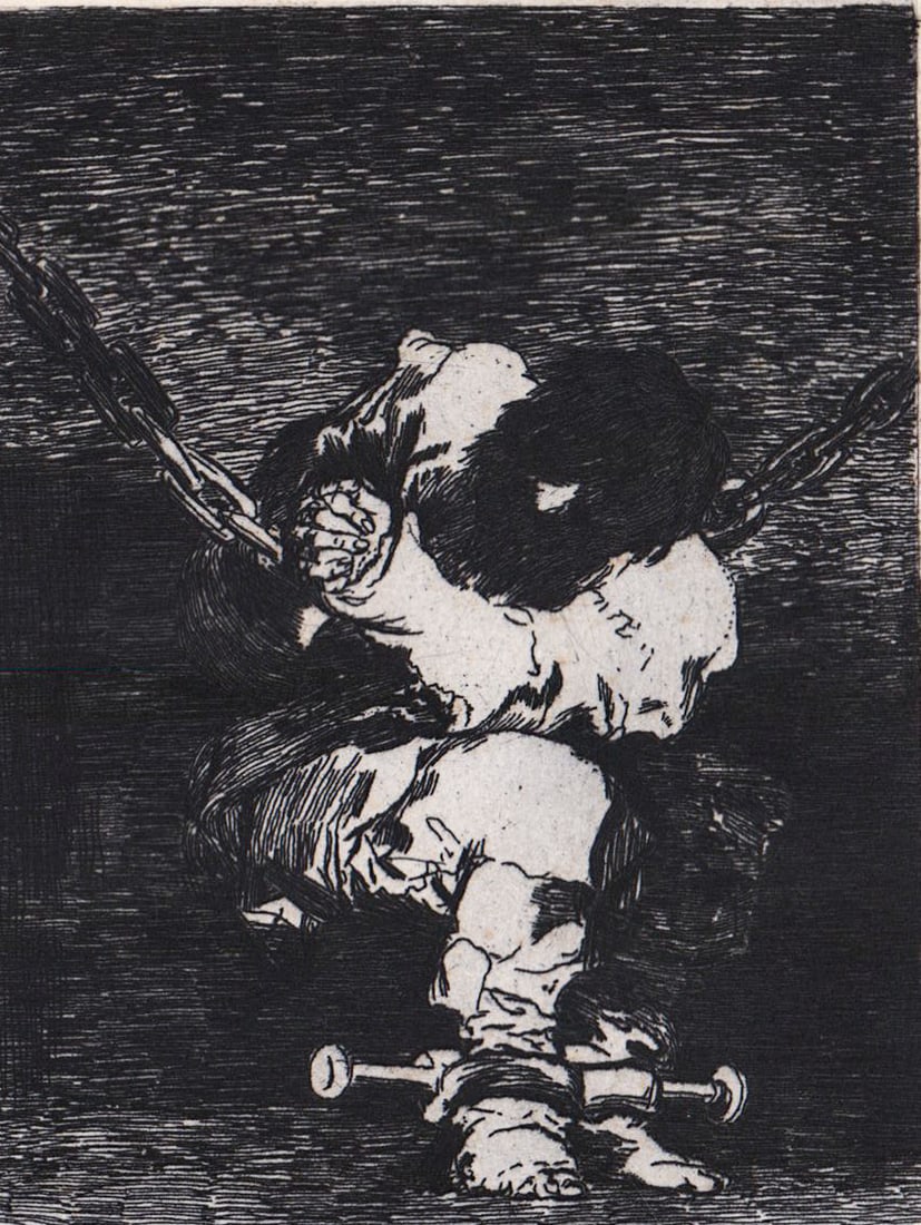 Francisco Goya Etching [The Little Prisoner]: Francisco Goya (Spanish, 1746-1828) etching of 'The Little Prisoner'. Image measures 3.75 x 2.875 in. Sheet measures 10 x 6.5 in. Unframed, loose, not glued down or mounted. Print lot measures 10.5 in