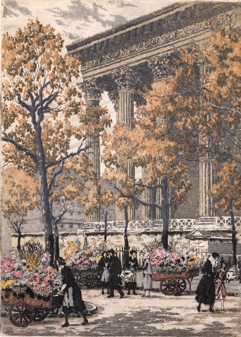 Roger De La Broye SIGNED Color Etching: Roger de la Broye (French) hand-colored etching of Place de la Madeleine Marche aux Fleurs Paris. Image measures 7 x 5 in. Sheet measures 10.625 x 8.5 in. Unframed, loose, not glued down or mounted. P
