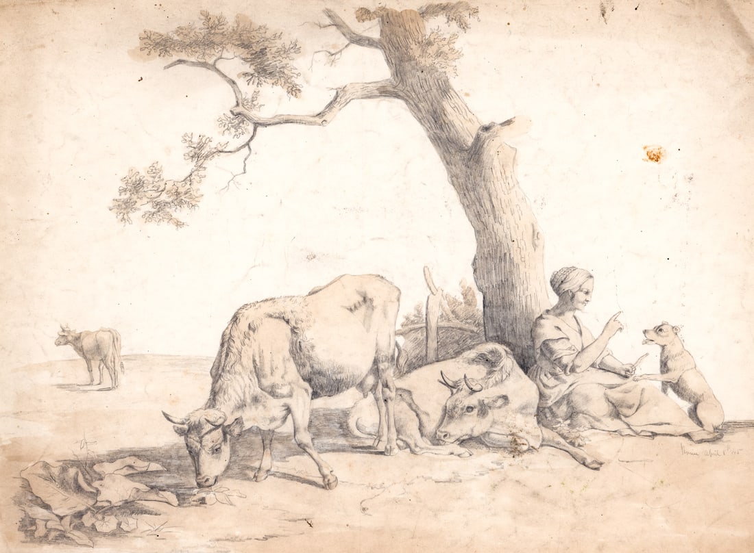 Antique Color Print [Cows Grazing]: Antique print measures 14.75 x 20 in. Unframed, loose, not glued down or mounted. Print lot measures 20.5 in. H x 16.125 in. W x .125 in. D for shipping purposes only. The absence of a condition repor