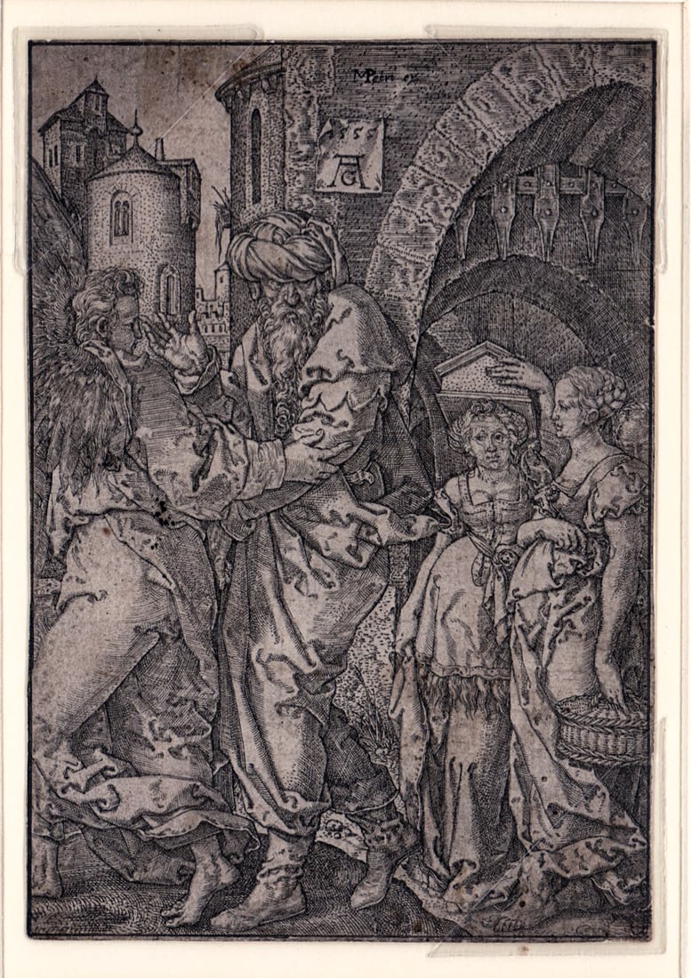 Heinrich Aldegrever Engraving [Lot / Angels]: Heinrich (Henry) Aldegrever (1502-1587] 1555 engraving of Lot and his family being led out of sodom by the Angel. Measures 4.5 x 3.125 in. and is in a mat frame. Mounted with corner stays. Frame measu