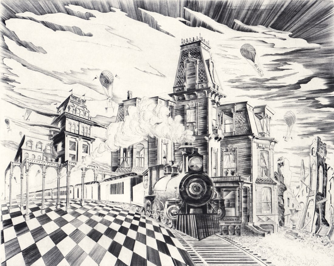 Lawrence Kupferman S/N Etching Fantasia Americana: Lawrence Kupferman (American, 1909-1982) etching pencil signed and numbered 38/100 lower margin. Embossed stamp lower left. Fantasia Americana, 1974. Image measures 11.75 x 14.875 in. Sheet measures 1