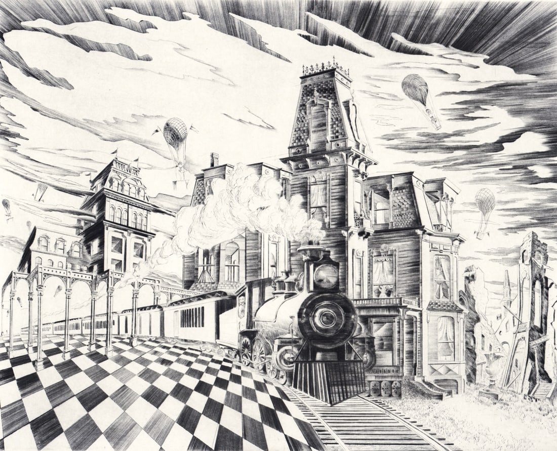 Lawrence Kupferman S/N Etching Fantasia Americana: Lawrence Kupferman (American, 1909-1982) etching pencil signed and numbered 45/100 lower margin. Embossed stamp lower left. Fantasia Americana, 1974. Image measures 11.75 x 14.875 in. Sheet measures 1