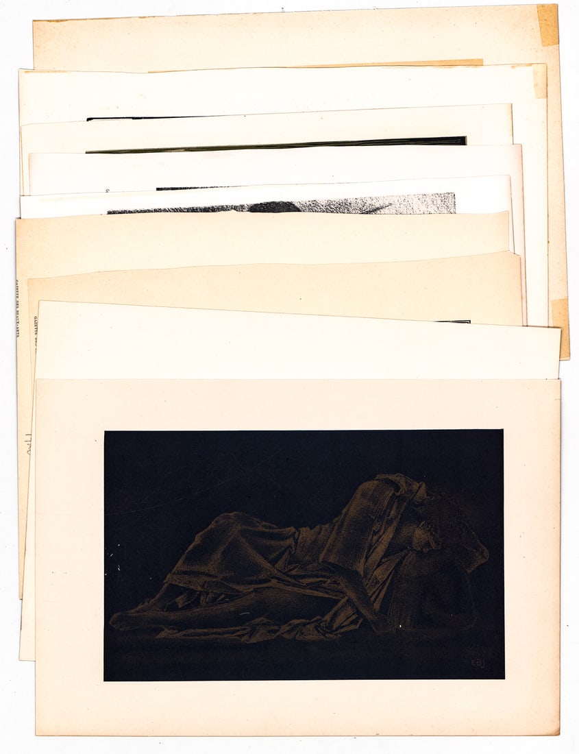 Antique / Vintage (9) Prints: Nine (9) prints. Artists include: Sir Edward Burne Jones - Study in Gold; Woodcut in Two Blocks by A. Lepere After the Statue by A. Rodin; William Nicholson; Francisque Joseph Duret; and others. Sheet
