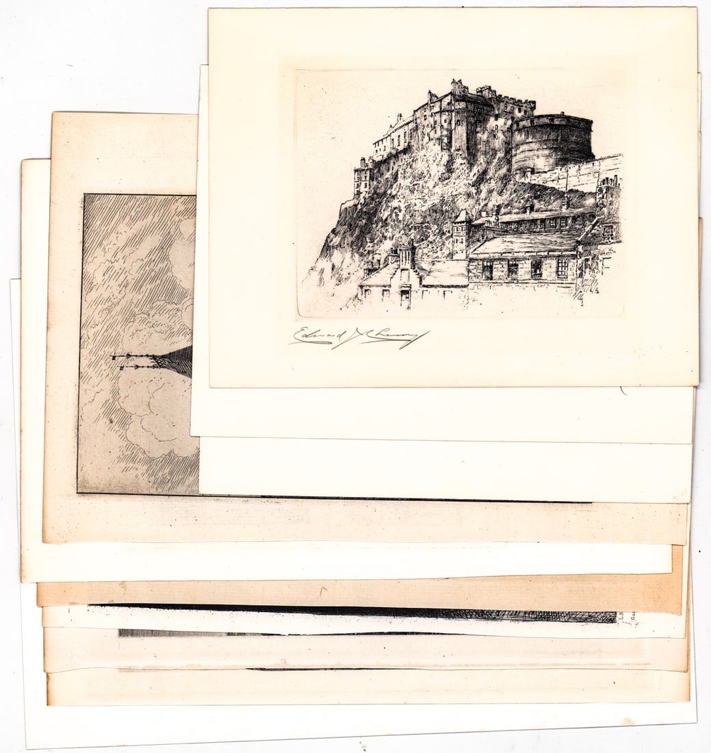 Antique (7) Prints and (3) Edward Cherry SIGNED: Seven (7) antique prints and three (3) original etchings by Edward J. Cherry SIGNED Artist's Proofs of 'Durham Cathedral', 'Edinburgh Castle' and 'Brasenose College'. Sheets measure 6.25 to 11 in. x 6