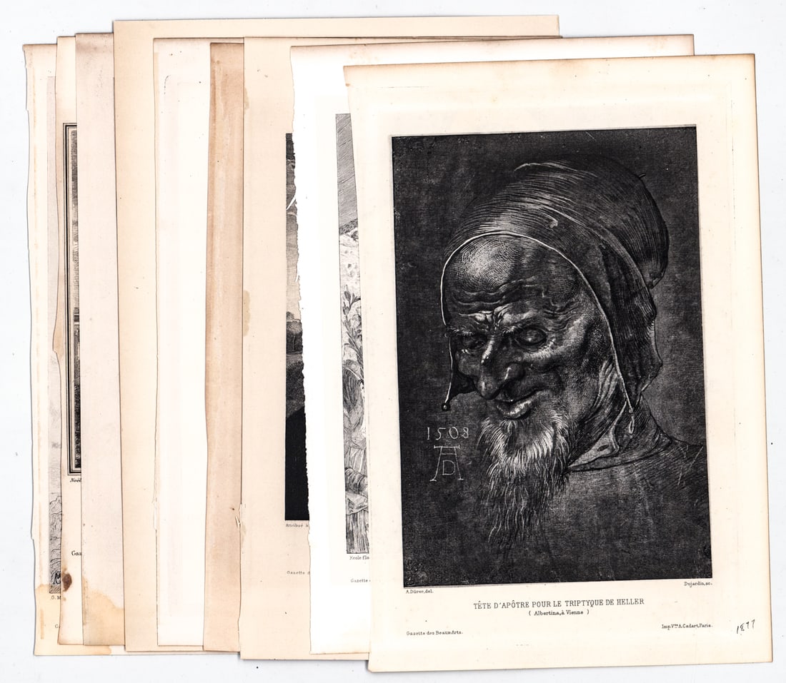 Antique (9) Prints [Religious]: Nine (9) antique prints includes an etching of 'Time' by William Strang. Sheets measure 10.5 to 11 in. x 7 to 7.625 in. Unframed, loose, not glued down or mounted. Print lot measures 11 in. H x 8.75 i