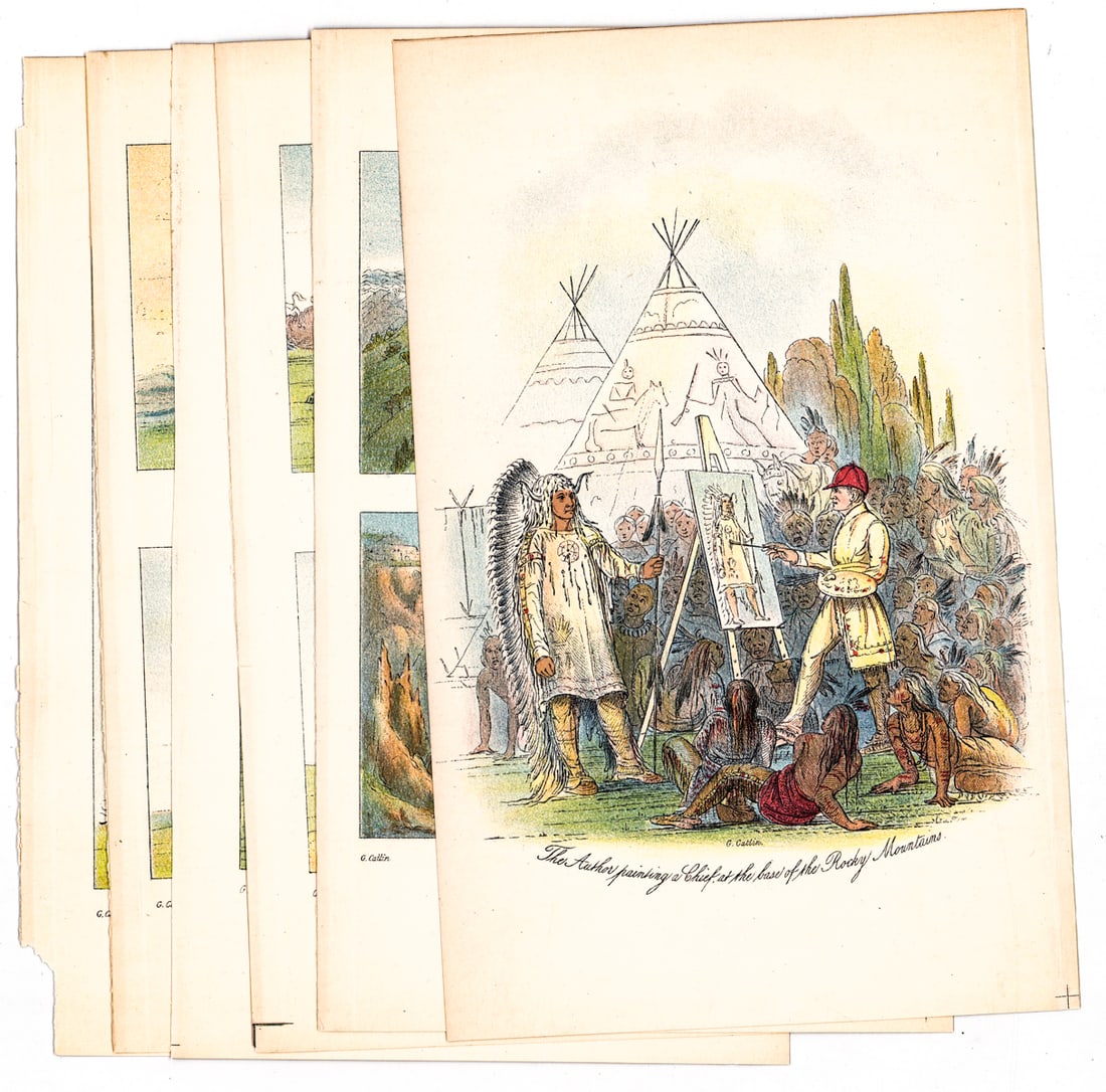 Antique (8) Prints by G. Catlin [Native American]: Eight (8) antique color prints of the Old West by George Catlin. Sheets measure 9.875 x 6.25 in. Unframed, loose, not glued down or mounted. Print lot measures 11 in. H x 8.75 in. W x .25 in. D for sh