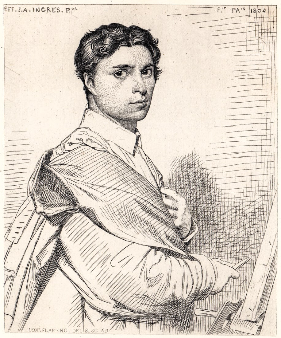 Leopold Flameng 1869 Etching [Portrait Ingres]: Jean Auguste Dominique Ingres (1780-1867) self portrait engraved by Leopold Flameng (1831-1911). Etching sheet measures 10.5 x 7 in. Unframed, loose, not glued down or mounted. Print lot measures 11 i