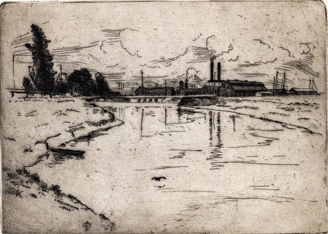 Lawrence Norris Scammon Etching SIGNED 1920: Lawrence Norris Scammon (American, 1872-1949) etching pencil signed, dated 1920 and titled 'The Estuary' lower margin. Image measures 4.875 x 6.875 in. Sheet measures 6.5 x 11.25 in. Unframed, loose, 