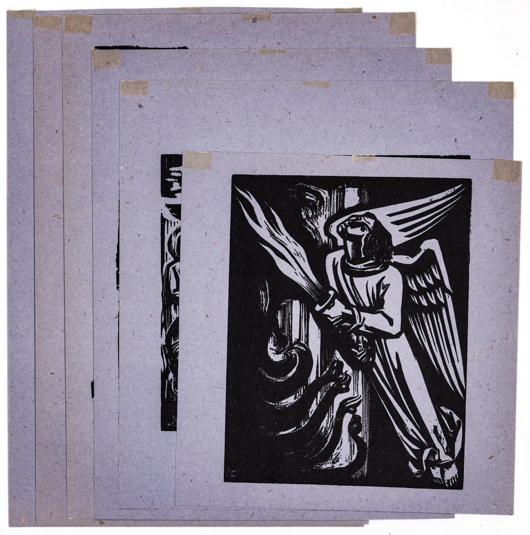 Walter Melman (6) Woodblock Prints [Religious]: Six (6) Walter Mellman woodblock prints measure 8 to 11.75 in. x 8 to 9 in. Unframed, loose, not glued down or mounted. Print lot measures 12.75 in. H x 11 in. W x .125 in. D for shipping purposes onl