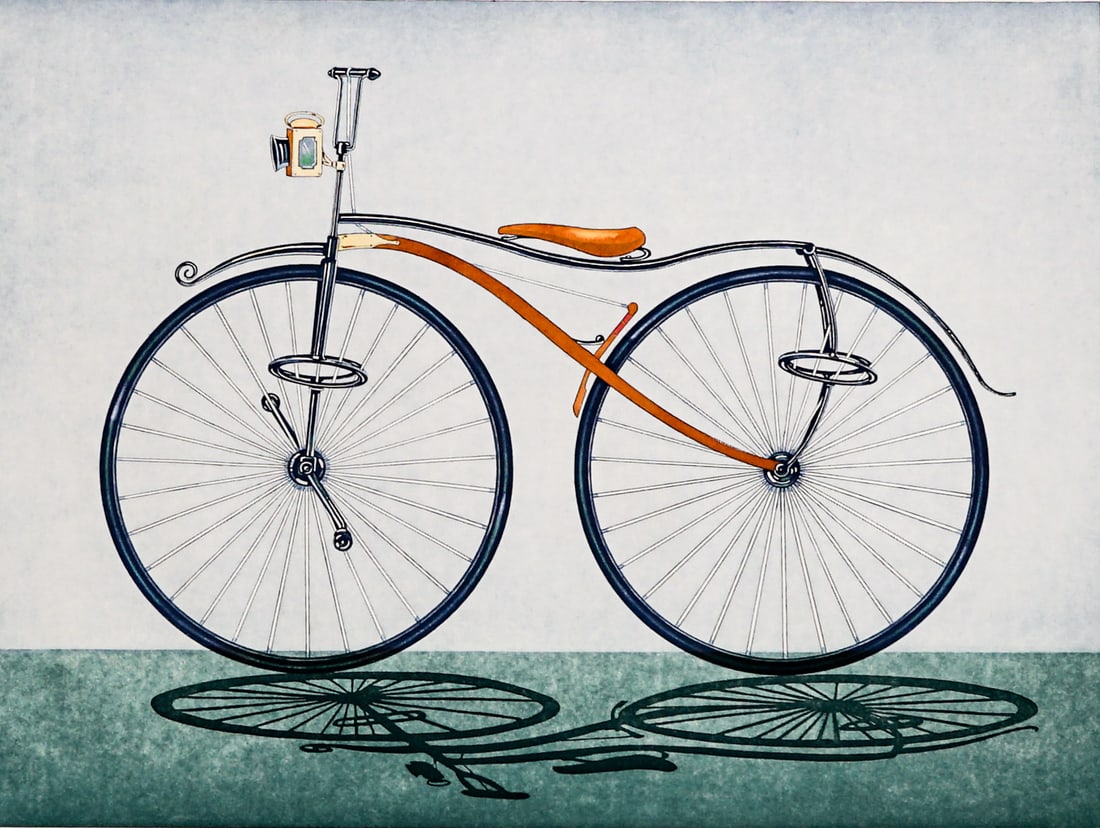 Bill Reynolds Etching S/N Front Drive Velocipede: Bill Reynolds etching pencil signed, numbered 31/200 and titled 'Front Drive Velocipede' lower margin. Image measures 16.75 x 23 in. Sheet measures 24.75 x 27.75 in. Unframed, loose, not glued down or